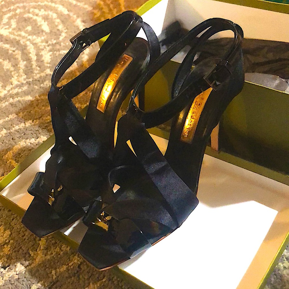 Rupert Sanderson patent & silk stilletos